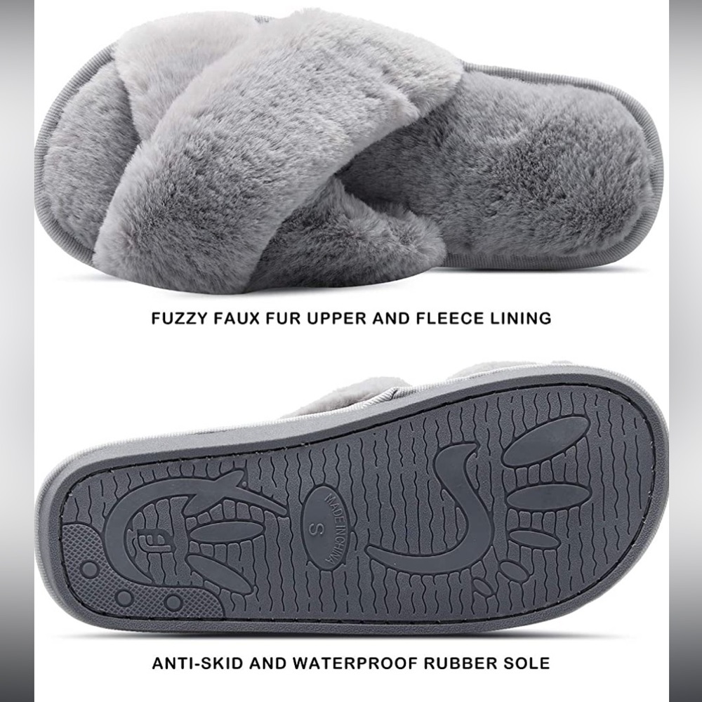 JOINFREE Women's Fluffy Slippers Plush Faux Fur Spa Sandal Shoes Gray size Large - Picture 3 of 11
